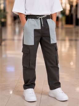 KiddoPanti - Green Boys Cotton Full Length Contrast Patch Pocket Cargo Pant