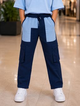 KiddoPanti - Navy Blue Boys Cotton Full Length Contrast Patch Pocket Cargo Pant