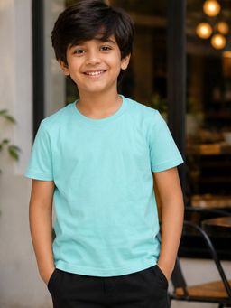 KiddoPanti - Green Boys Coton Knit Half Sleeves Solid T-Shirt