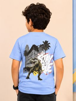KiddoPanti - Blue Boys Cotton Knit Stay True and Back Dinosaur Printed T-Shirt