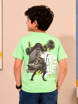 KiddoPanti - Green Boys Cotton Knit Stay True and Back Dinosaur Printed T-Shirt