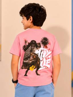 KiddoPanti - Pink Boys Cotton Knit Stay True and Back Dinosaur Printed T-Shirt