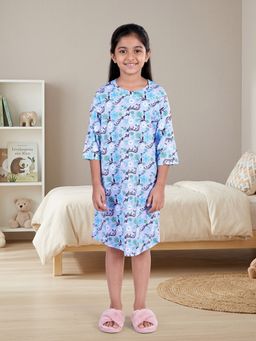 KiddoPanti - Blue Girls Cotton Knit Floral Printed Night Dress