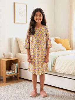 KiddoPanti - Multi-Colour Girls Cotton Knit Floral Printed Night Dress