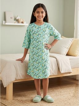 KiddoPanti - Green Girls Cotton Knit Floral Printed Night Dress