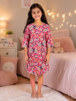 KiddoPanti - Pink Girls Cotton Knit Floral Printed Night Dress