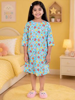 KiddoPanti - Blue Girls Cotton Knit Pumpkin Printed Night Dress