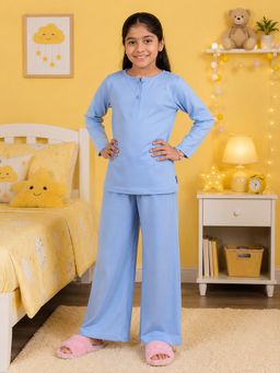 KiddoPanti - Blue Girls Full Sleeves Solid T-Shirt and Pajama