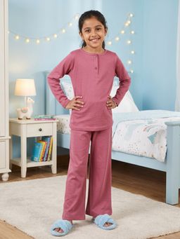 KiddoPanti - Mauve Girls Full Sleeves Solid T-Shirt and Pajama