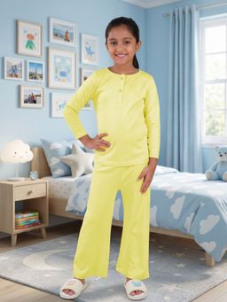 KiddoPanti - Yellow Girls Full Sleeves Solid T-Shirt and Pajama