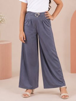 KiddoPanti - Grey Girls Solid Wide Leg Pant with Elasticated Waist and Buckle Detail