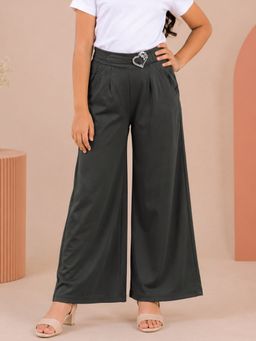 KiddoPanti - Green Girls Solid Wide Leg Pant with Elasticated Waist and Buckle Detail