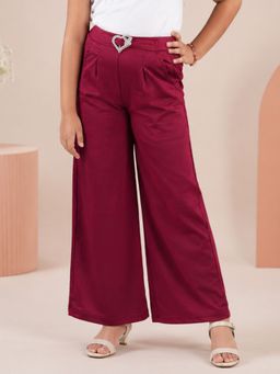 KiddoPanti - Red Girls Solid Wide Leg Pant with Elasticated Waist and Buckle Detail