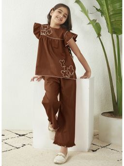 Bugandbees - Girls Dark Brown Cotton Embroidered Co-Ord Set