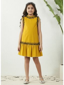 Bugandbees - Cotton Yellow Ruffled Round Neck Knee-Length A-Line Dress