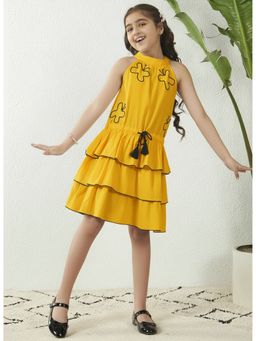 Bugandbees - Cotton Yellow Butterfly Charm Slate Tiered Fit and Flare Dress