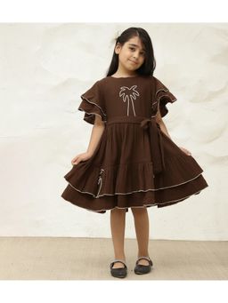 Bugandbees - Solid Embroidered Palm Motif Cotton Dark Brown Dress with Belt