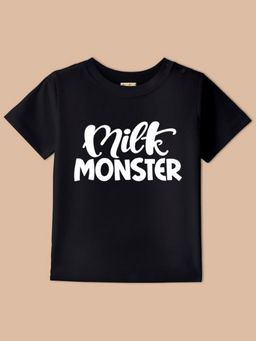 BLUSHES - Black Knit Half Sleeve Milk Monster Printed T-Shirt