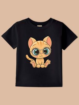 BLUSHES - Black Knit Half Sleeves Cat Printed T-Shirt
