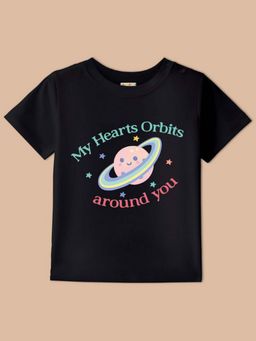 BLUSHES - Black Knit Half Sleeves My Hearts Orbits Around You Printed T-Shirt