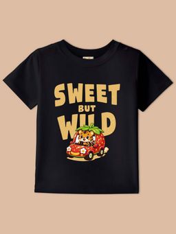 BLUSHES - Black Knit Half Sleeve Sweet But Wild Printed T-Shirt
