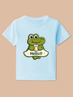 BLUSHES - Blue Knit Half Sleeve Hello Printed T-Shirt
