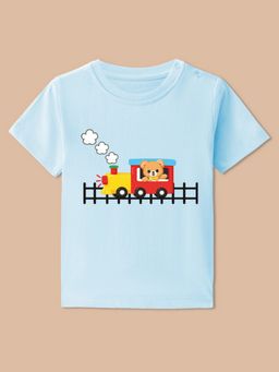BLUSHES - Blue Knit Half Sleeve Running Train Printed T-Shirt