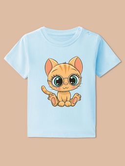 BLUSHES - Blue Knit Half Sleeves Cat Printed T-Shirt