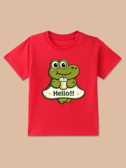 BLUSHES - Red Knit Half Sleeve Hello Printed T-Shirt