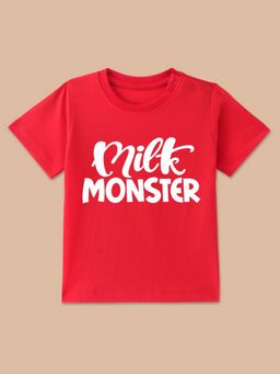 BLUSHES - Red Knit Half Sleeve Milk Monster Printed T-Shirt