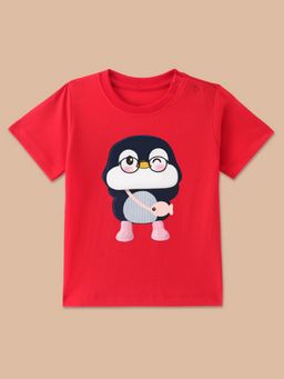 BLUSHES - Red Knit Half Sleeve Penguin Graphic Print T-Shirt