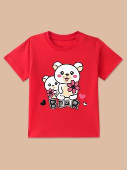 BLUSHES - Red Knit Half Sleeves Bear Printed T-Shirt