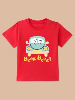 BLUSHES - Red Knit Half Sleeves Beep Beep Printed T-Shirt