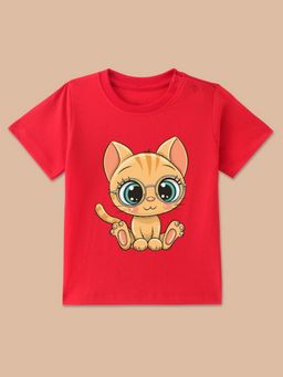 BLUSHES - Red Knit Half Sleeves Cat Printed T-Shirt