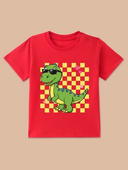 BLUSHES - Red Knit Half Sleeves Dinosaura Printed T-Shirt