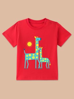BLUSHES - Red Knit Half Sleeves Giraffe Printed T-Shirt