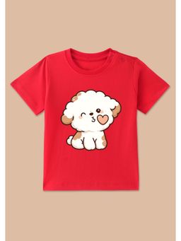 BLUSHES - Red Knit Half Sleeve Sweet Dog Graphic Print T-Shirt