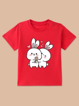 BLUSHES - Red Knit Half Sleeve Two Rabbits Printed T-Shirt