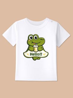 BLUSHES - White Knit Half Sleeve Hello Printed T-Shirt