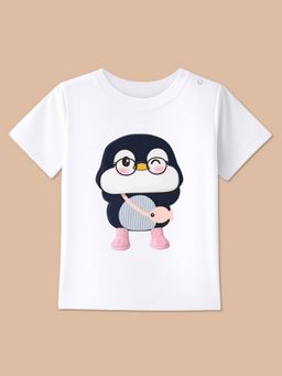 BLUSHES - White Knit Half Sleeve Penguin Graphic Print T-Shirt