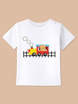 BLUSHES - White Knit Half Sleeve Running Train Printed T-Shirt