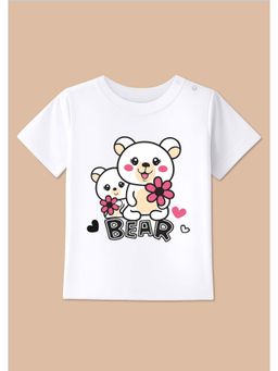 BLUSHES - White Knit Half Sleeves Bear Printed T-Shirt