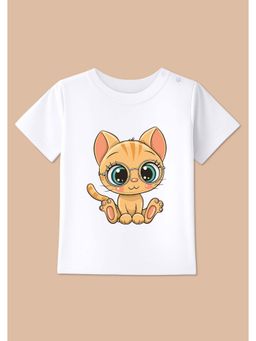 BLUSHES - White Knit Half Sleeves Cat Printed T-Shirt