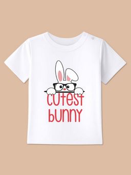 BLUSHES - White Knit Half Sleeves Cutest Bunny Printed T-Shirt