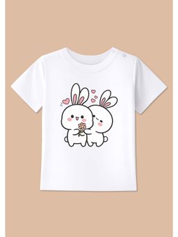BLUSHES - White Knit Half Sleeve Two Rabbits Printed T-Shirt