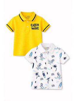 Trampoline - Multi-Colour Boys Catch Wave and Dino Printed Polo T-Shirt (Pack of 2)