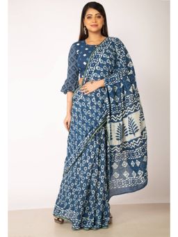 Unnati Silks - Navy Blue Pure Preet Dabu Mulmul Cotton Saree with Unstitched Blouse