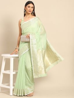 Akhilam - Womens Linen Blend Green Woven Design Designer Saree with Unstitched Blouse