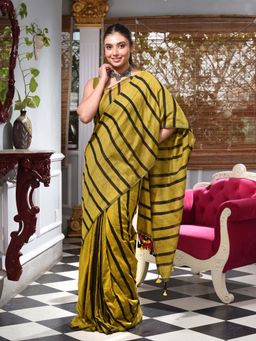 CHARUKRITI - Mustard Cotton Handwoven Saree With Stripes with Unstitched Blouse Piece