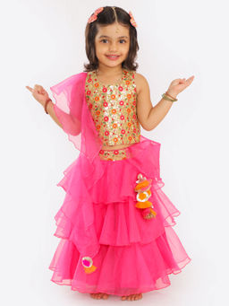 FREE SPARROW - Fuchsia Lehenga with Gold & Thread Embroidered Top & Dupatta (Set of 3)